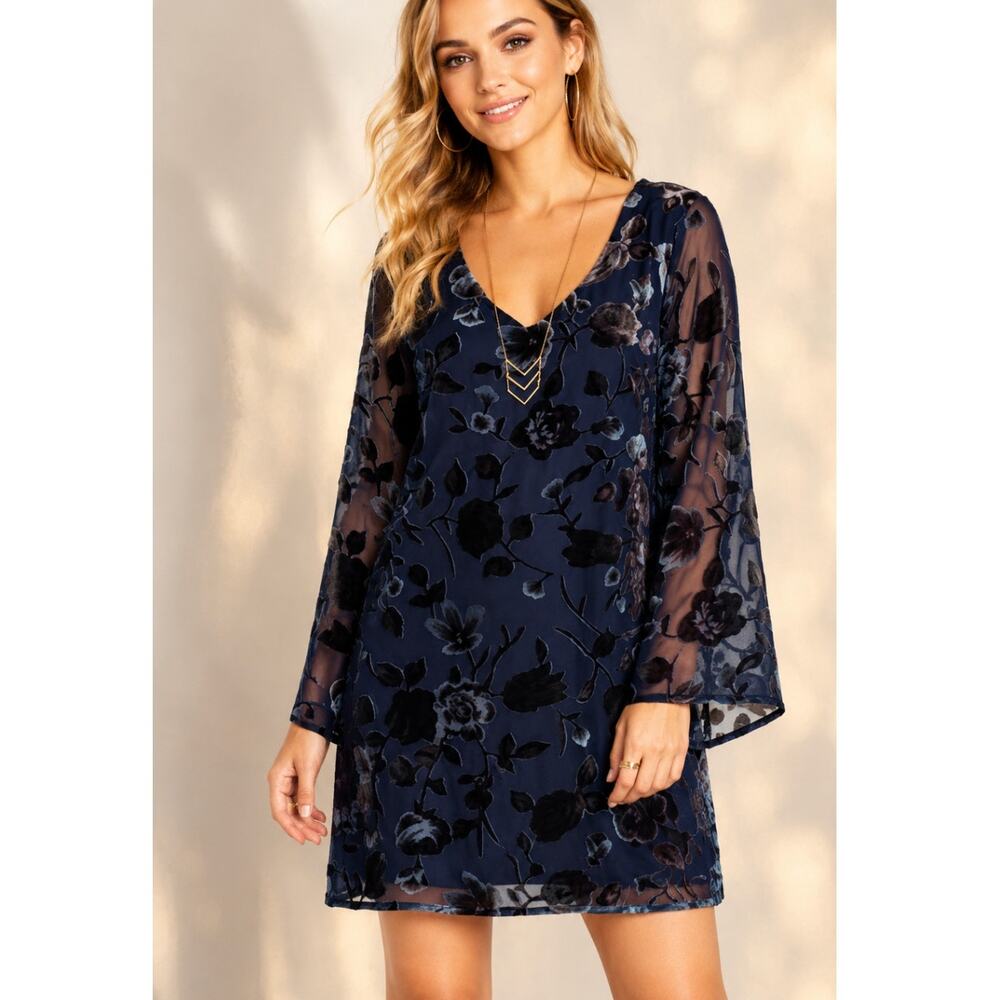 Spirit Of Grace Velvet Burnout Mini Dress Baby Doll Floral Navy Romantic Boho M